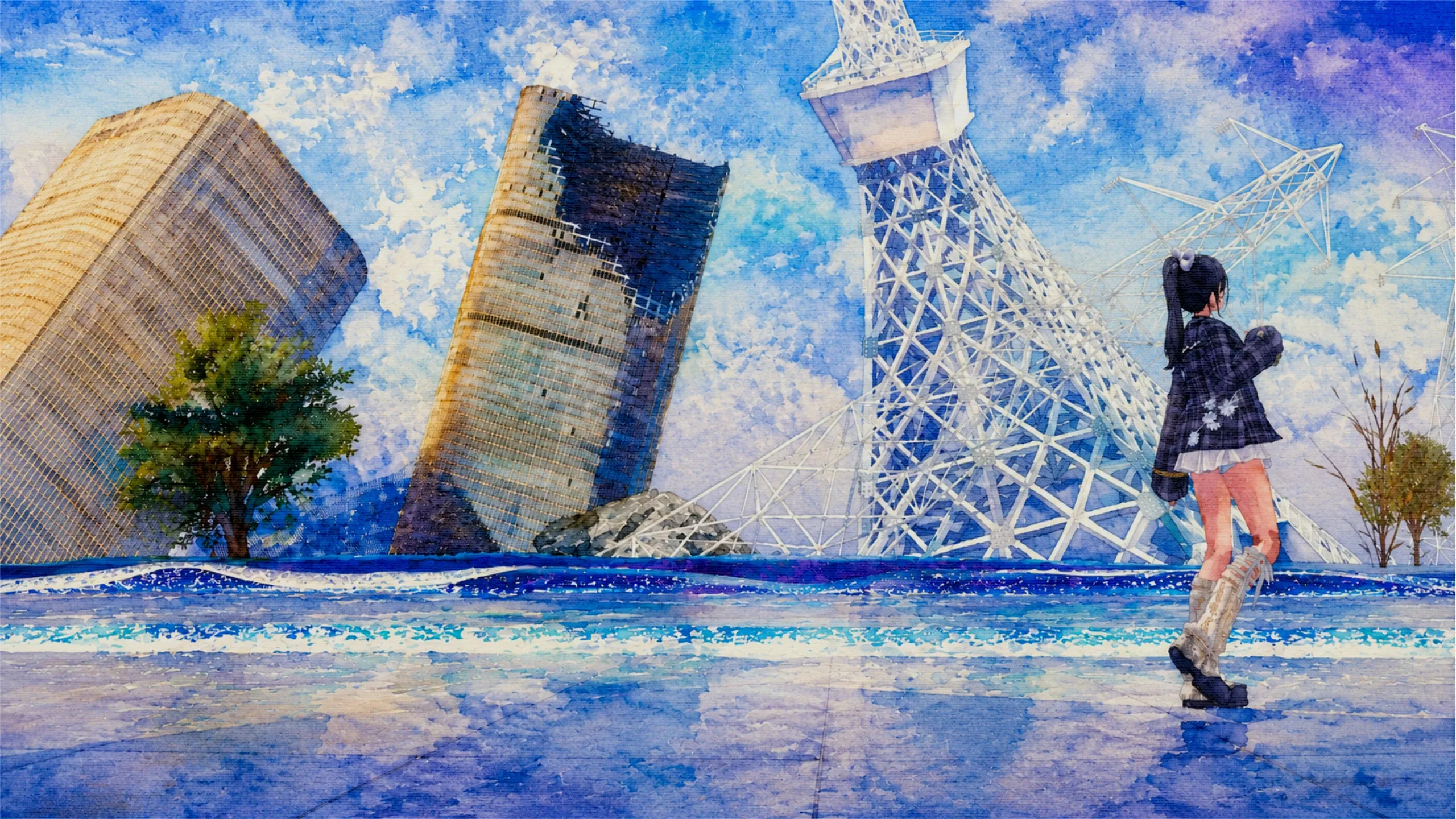 水彩で描かれた 2226 年の旧都・海京市 — 青空の下、傾いた電波塔と水没したビル群
